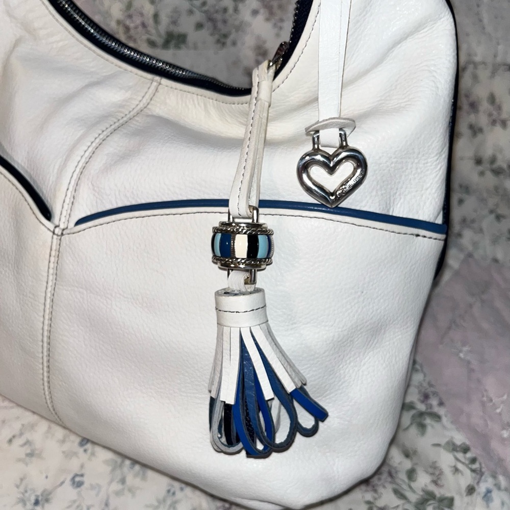 Brighton White Leather Shoulder Bag with Blue Trim and Tassel